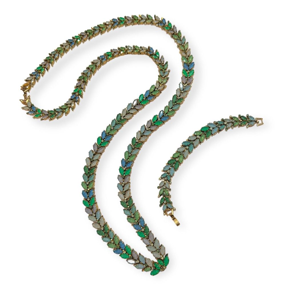 AERIN Gold Tone Green and Blue Crystal Necklace Bracelet Set